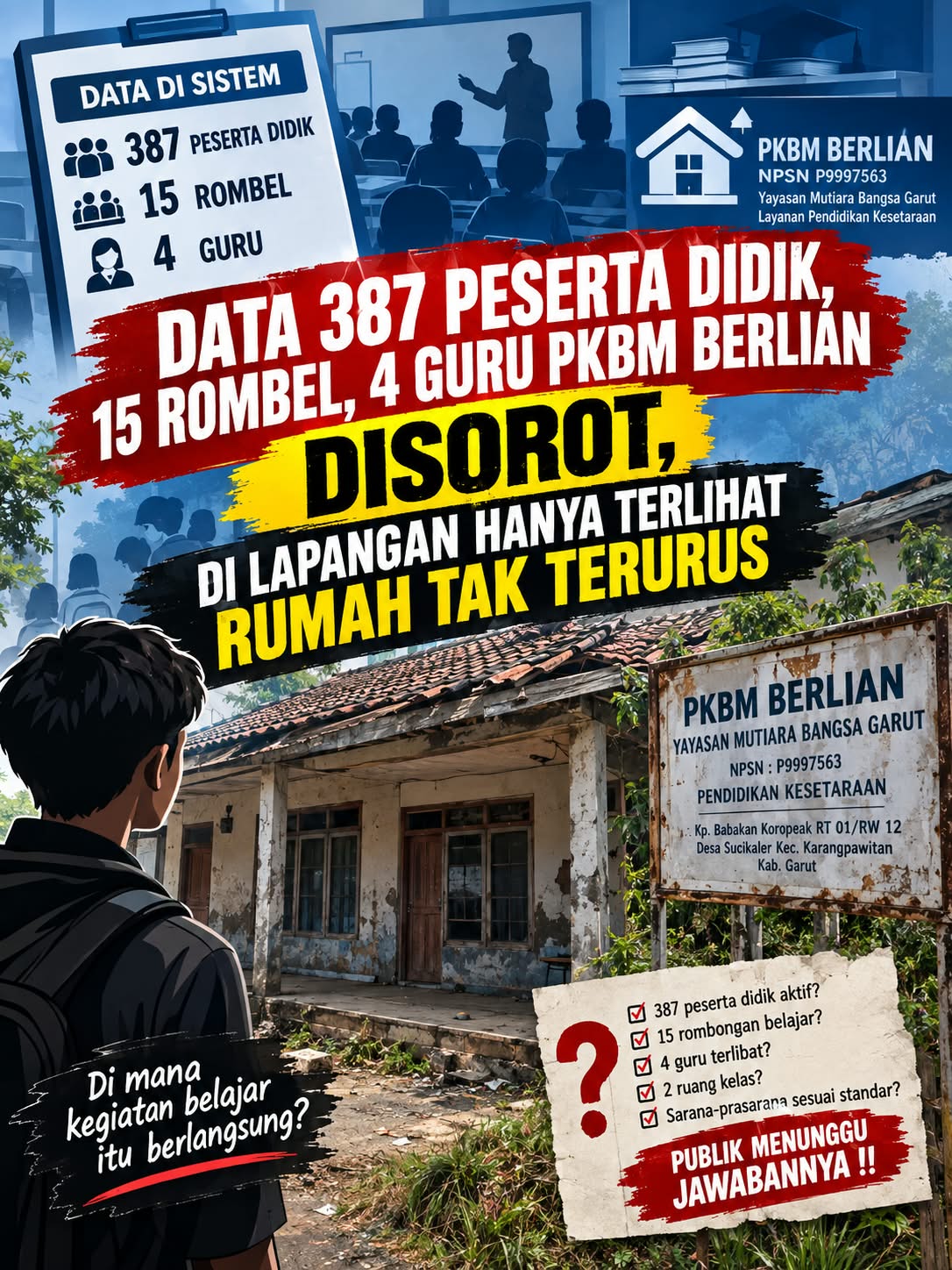 DATA 387 PESERTA DIDIK, 15 ROMBEL, 4 GURU PKBM BERLIAN DISOROT, DI LAPANGAN HANYA TERLIHAT RUMAH TAK TERURUS