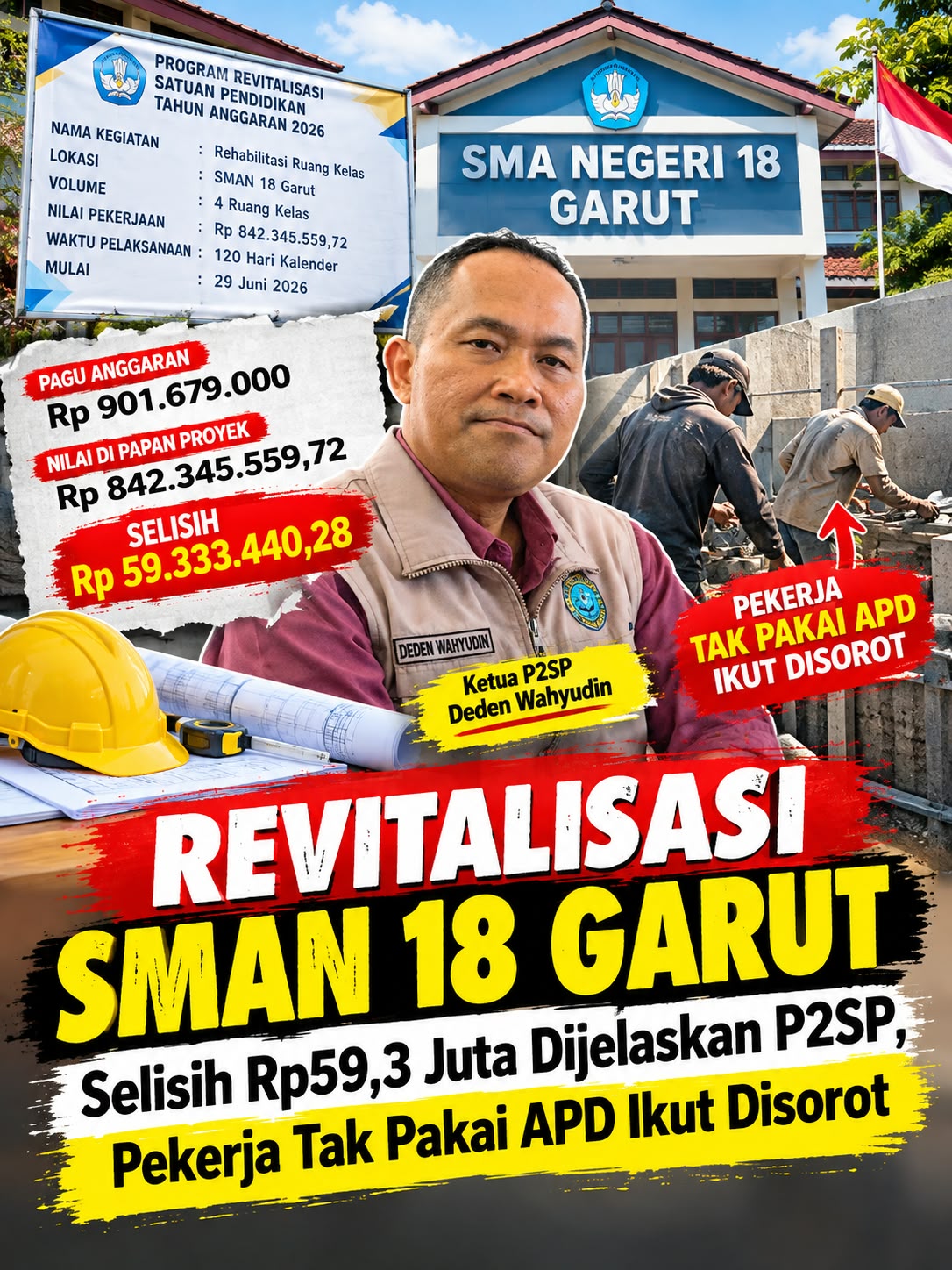 Revitalisasi SMAN 18 Garut Selisih Rp59,3 Juta Dijelaskan P2SP, Pekerja Tak Pakai APD Ikut Disorot