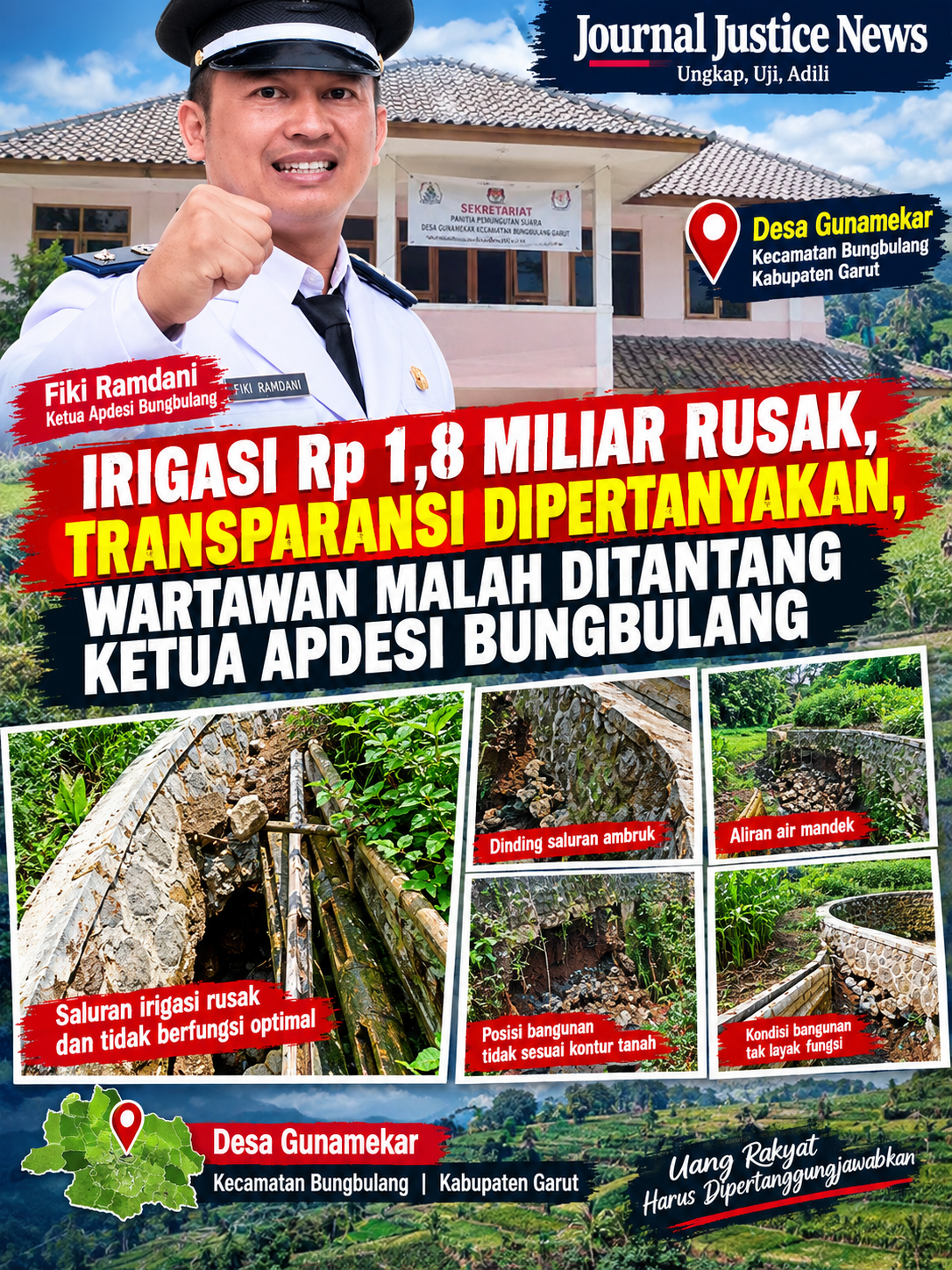 Irigasi Rp 1,8 Miliar Rusak, Transparansi Dipertanyakan, Wartawan Malah Ditantang Ketua Apdesi Bungbulang